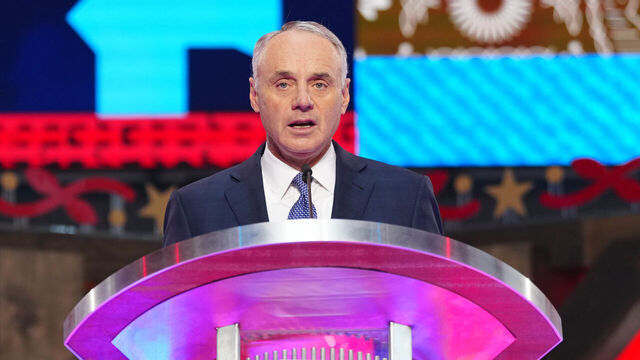 FORT WORTH, TX - JULY 14: Commissioner of Major League Baseball Robert D. Manfred Jr. speaks during the 2024 MLB Draft presented by Nike at Cowtown Coliseum on Sunday, July 14, 2024 in Fort Worth, Texas.