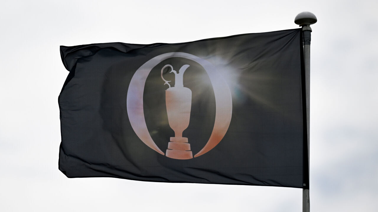 TROON, SCOTLAND - JULY 16: A general view of a flag with The Open logo on display during a practice round prior to The 152nd Open championship at Royal Troon on July 16, 2024 in Troon, Scotland.