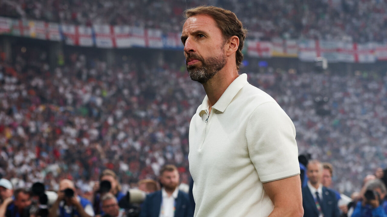 BERLIN, GERMANY - JULY 14: Gareth Southgate coach of England looksm on during the UEFA EURO 2024 final match between Spain and England at Olympiastadion on July 14, 2024 in Berlin, Germany.