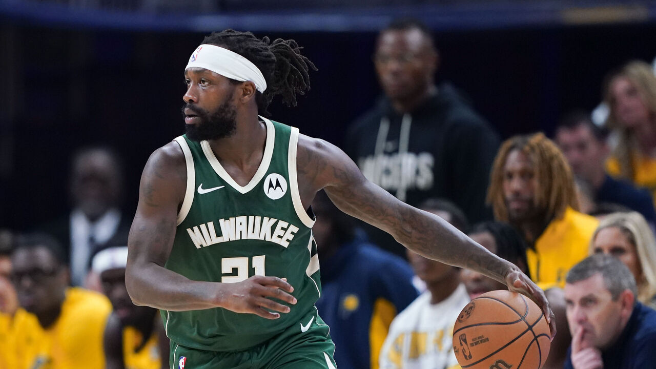 INDIANAPOLIS, INDIANA - MAY 02: Patrick Beverley #21 of the Milwaukee Bucks dribbles the ball in the first quarter against the Indiana Pacers during game six of the Eastern Conference First Round Playoffs at Gainbridge Fieldhouse on May 02, 2024 in Indianapolis, Indiana.