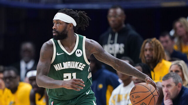 INDIANAPOLIS, INDIANA - MAY 02: Patrick Beverley #21 of the Milwaukee Bucks dribbles the ball in the first quarter against the Indiana Pacers during game six of the Eastern Conference First Round Playoffs at Gainbridge Fieldhouse on May 02, 2024 in Indianapolis, Indiana.