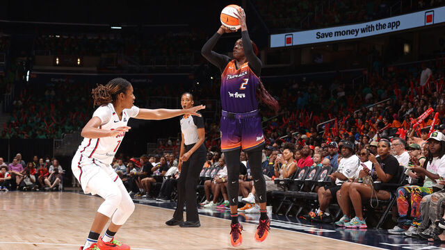 WASHINGTON, DC - JULY 16: Kahleah Copper #2 of the Phoenix Mercury three point basket during the game against the Washington Mystics on July 16, 2024 at Capital One Arena in Washington, DC. Mandatory Copyright Notice: Copyright 2024 NBAE