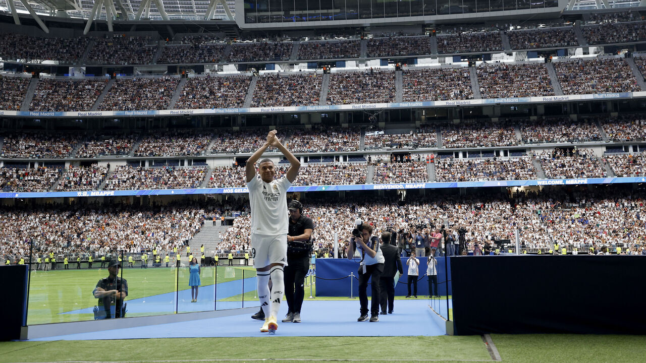 MADRID, SPAIN - JULY 16: Kylian Mbappe, new player of Real Madrid, at Estadio Santiago Bernabéu on July 16, 2024 in Madrid, Spain.