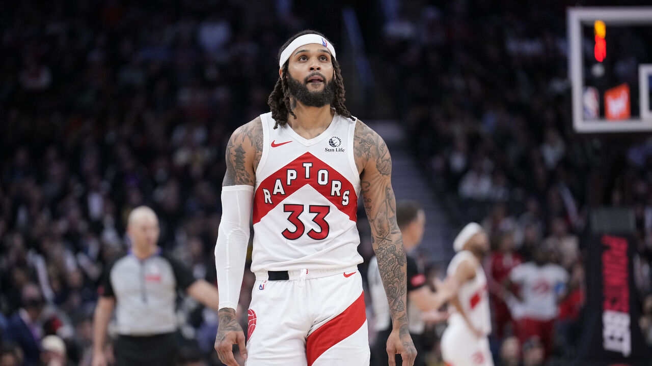 TORONTO, ON - MARCH 25: Gary Trent Jr. #33 of the Toronto Raptors looks on against the Brooklyn Nets during the second half of their basketball game at the Scotiabank Arena on March 25, 2024 in Toronto, Ontario, Canada. NOTE TO USER: User expressly acknowledges and agrees that, by downloading and/or using this Photograph, user is consenting to the terms and conditions of the Getty Images License Agreement.