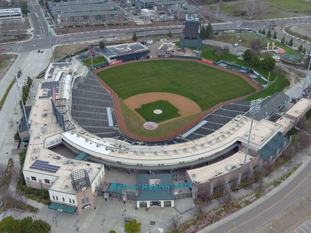 WEST SACRAMENTO, CALIFORNIA - JANUARY 24: An aerial view of Sutter Health Park on January 24, 2021 in West Sacramento, Calif. The stadium is the home of the Sacramento River Cats.