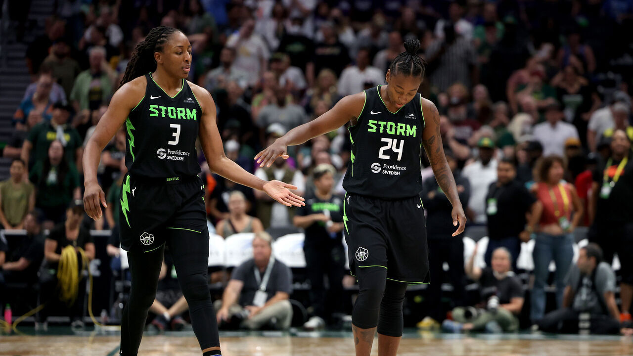 SEATTLE, WASHINGTON - JULY 10: Nneka Ogwumike #3 and Jewell Loyd #24 of the Seattle Storm react after they both missed three point attempts during the fourth quarter against the Las Vegas Aces at Climate Pledge Arena on July 10, 2024 in Seattle, Washington.