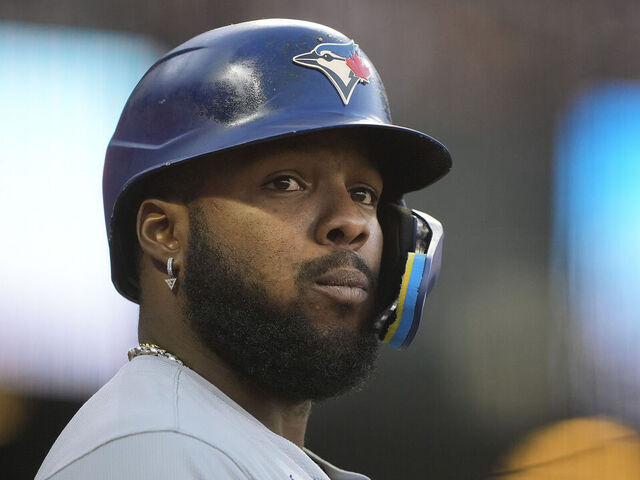 SAN FRANCISCO, CALIFORNIA - JULY 10: Vladimir Guerrero Jr. #27 of the Toronto Blue Jays looks on from the on-deck circle against the San Francisco Giants in the top of the fifth inning at Oracle Park on July 10, 2024 in San Francisco, California.
