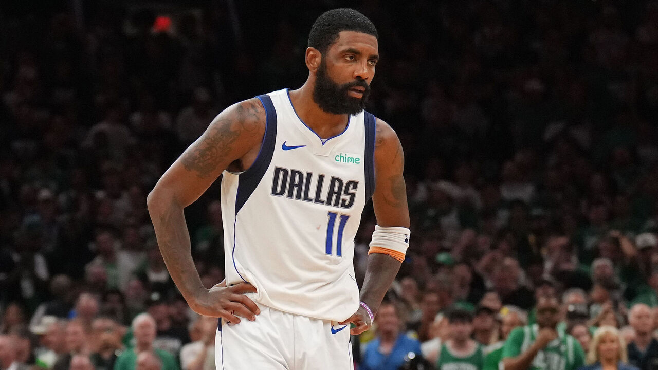 BOSTON, MA - JUNE 17: Kyrie Irving #11 of the Dallas Mavericks looks on during the game against the Boston Celtics during Game 5 of the 2024 NBA Finals on June 17, 2024 at the TD Garden in Boston, Massachusetts. Mandatory Copyright Notice: Copyright 2024 NBAE