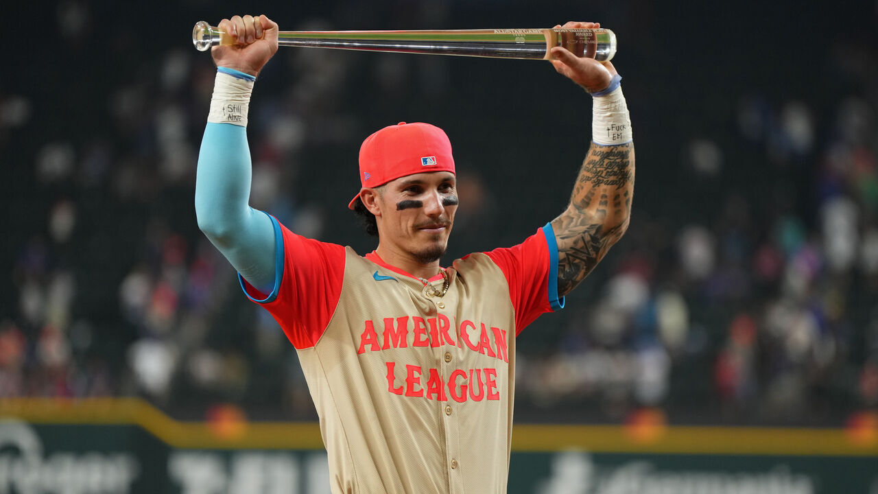 ARLINGTON, TEXAS - JULY 16: Jarren Duran #16 of the Boston Red Sox celebrates after being named the Ted Williams Most Valuable Player in a 5-3 victory over the National League during the 94th MLB All-Star Game presented by Mastercard at Globe Life Field on July 16, 2024 in Arlington, Texas.