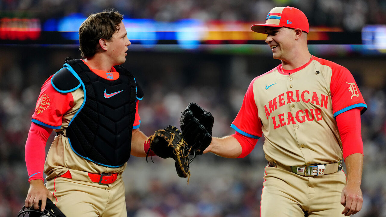 ARLINGTON, TX - JULY 16: Tarik Skubal #29 of the Detroit Tigers jokes with Adley Rutschman #35 of the Baltimore Orioles during the 94th MLB All-Star Game presented by Mastercard at Globe Life Field on Tuesday, July 16, 2024 in Arlington, Texas.