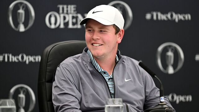 TROON, SCOTLAND - JULY 17: Robert MacIntyre of Scotland speaks in a press conference prior to The 152nd Open championship at Royal Troon on July 17, 2024 in Troon, Scotland.