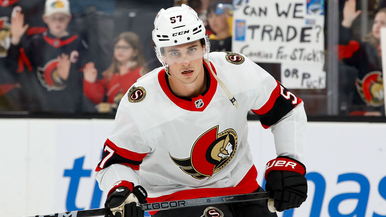BOSTON, MASSACHUSETTS - APRIL 16: Shane Pinto #57 of the Ottawa Senators warms up prior to a game against the Boston Bruins at the TD Garden on April 16, 2024 in Boston, Massachusetts.