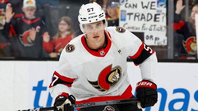 BOSTON, MASSACHUSETTS - APRIL 16: Shane Pinto #57 of the Ottawa Senators warms up prior to a game against the Boston Bruins at the TD Garden on April 16, 2024 in Boston, Massachusetts.