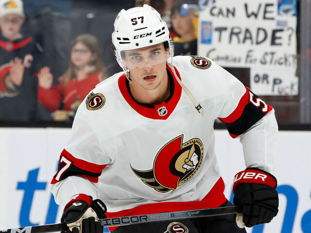 BOSTON, MASSACHUSETTS - APRIL 16: Shane Pinto #57 of the Ottawa Senators warms up prior to a game against the Boston Bruins at the TD Garden on April 16, 2024 in Boston, Massachusetts.