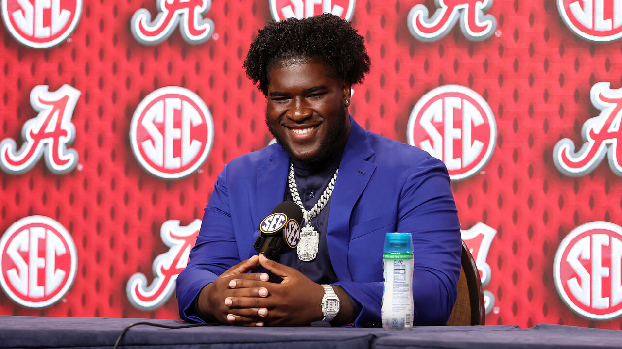 DALLAS, TEXAS - JULY 17: Tyler Booker of the Alabama Crimson Tide speaks during SEC Football Media Days at Omni Dallas Hotel on July 17, 2024 in Dallas, Texas.