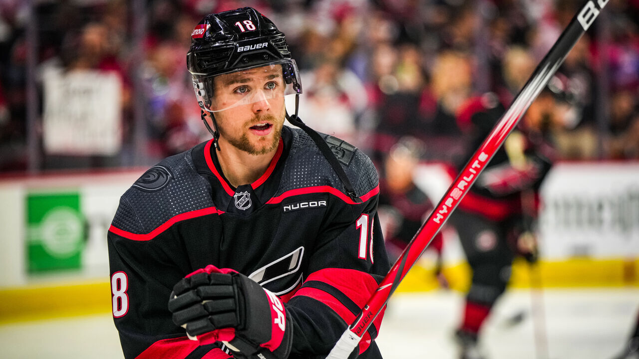 RALEIGH, NORTH CAROLINA - MAY 16: Jack Drury #18 of the Carolina Hurricanes warms up prior to Game Six of the Second Round of the 2024 Stanley Cup Playoffs against the New York Rangers at PNC Arena on May 16, 2024 in Raleigh, North Carolina.