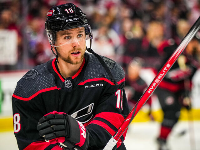 RALEIGH, NORTH CAROLINA - MAY 16: Jack Drury #18 of the Carolina Hurricanes warms up prior to Game Six of the Second Round of the 2024 Stanley Cup Playoffs against the New York Rangers at PNC Arena on May 16, 2024 in Raleigh, North Carolina.