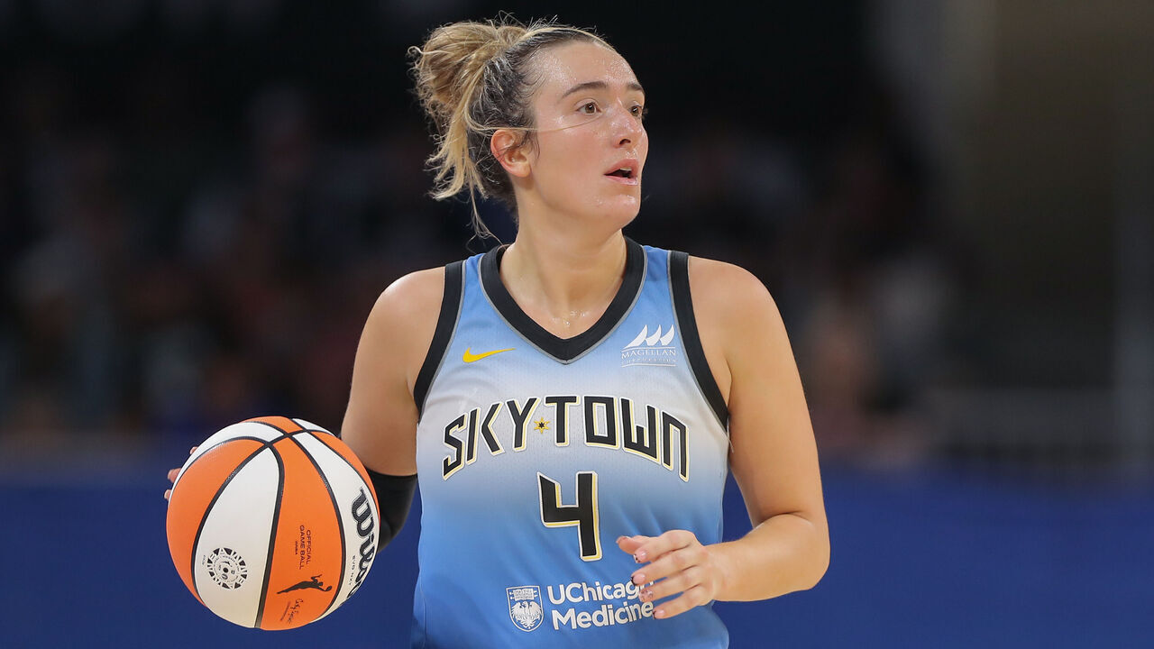 CHICAGO, IL - JULY 13: Marina Mabrey #4 of the Chicago Sky brings the ball up court during the second half against the New York Liberty on July 13, 2024 at Wintrust Arena in Chicago, Illinois.