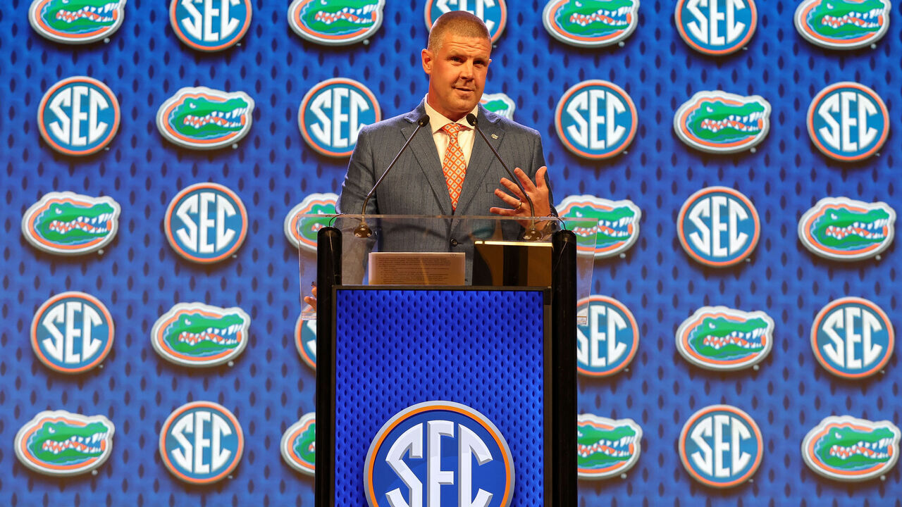 DALLAS, TEXAS - JULY 17: Head coach Billy Napier of the Florida Gators speaks during SEC Football Media Days at Omni Dallas Hotel on July 17, 2024 in Dallas, Texas.