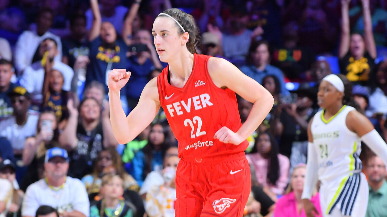 ARLINGTON, TX - JULY 17: Caitlin Clark #22 of the Indiana Fever looks on during the game on July 17, 2024 at the College Park Center in Arlington, TX. Mandatory Copyright Notice: Copyright 2024 NBAE