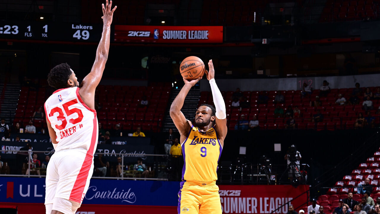 LAS VEGAS, NV - JULY 17: Bronny James Jr. #9 of the Los Angeles Lakers shoots a three point basket during the game on July 17, 2024 at the Thomas & Mack Center in Las Vegas, Nevada. Mandatory Copyright Notice: Copyright 2024 NBAE