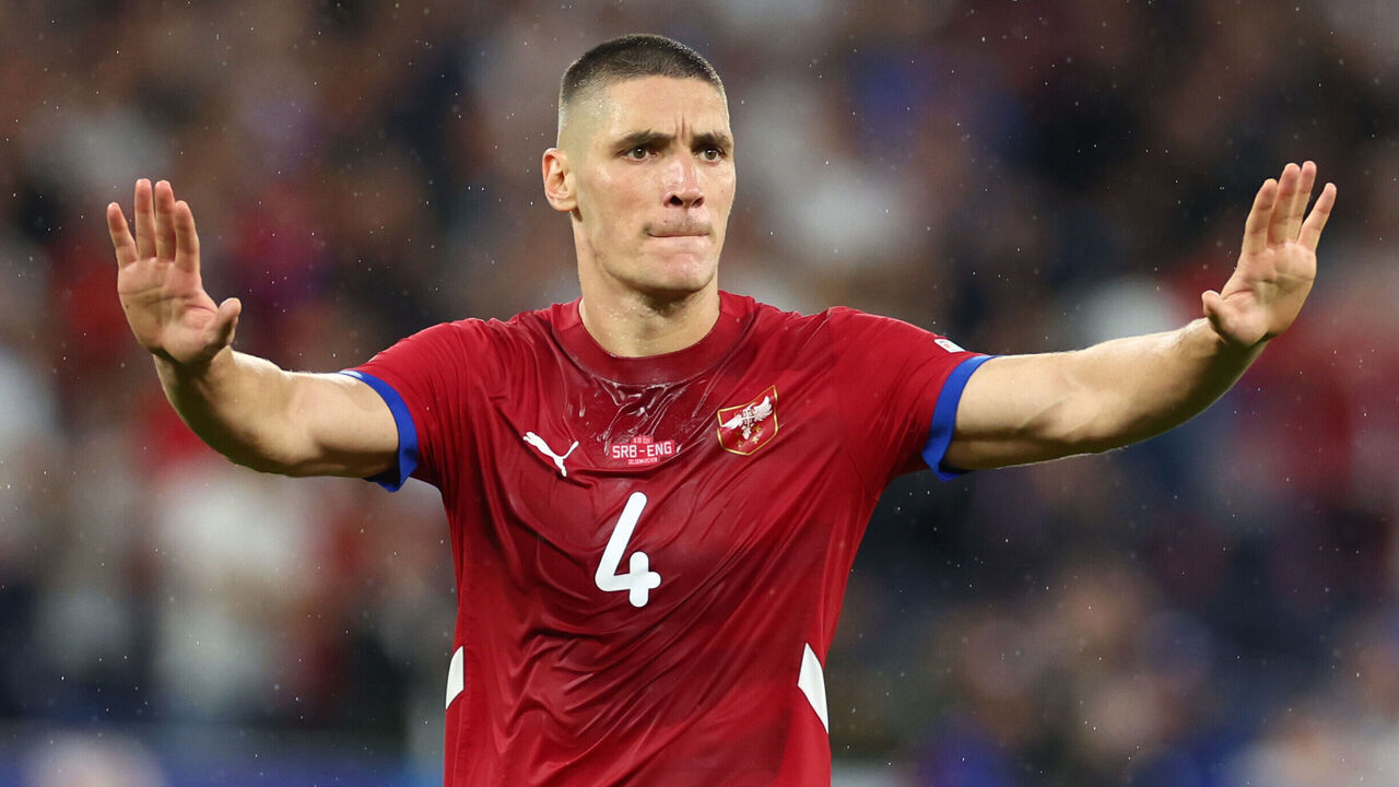 GELSENKIRCHEN, GERMANY - JUNE 16: Nikola Milenkovic of Serbia in action during the UEFA EURO 2024 group stage match between Serbia and England at Arena AufSchalke on June 16, 2024 in Gelsenkirchen, Germany.