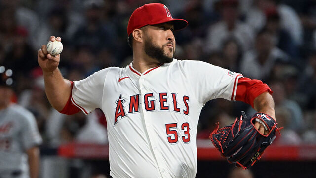 ANAHEIM, CA - JUNE 29: Los Angeles Angels pitcher Carlos Estevez (53) pitching during an MLB baseball game against the Detroit Tigers played on June 29, 2024 at Angel Stadium in Anaheim, CA.