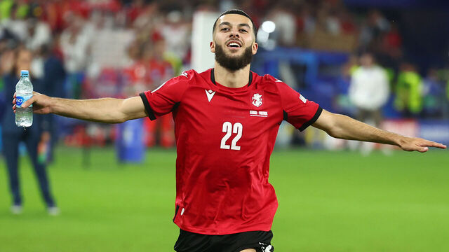 GELSENKIRCHEN, GERMANY - JUNE 26: Georges Mikautadze of Georgia celebrates at the end of the UEFA EURO 2024 group stage match between Georgia and Portugal at Arena AufSchalke on June 26, 2024 in Gelsenkirchen, Germany.
