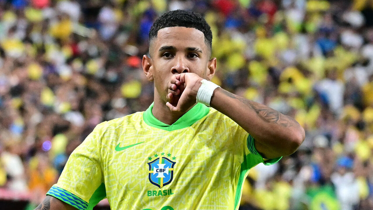 Brazil's forward #20 Savinho celebrates scoring his team's second goal during the Conmebol 2024 Copa America tournament group D football match between Paraguay and Brazil at Allegiant Stadium in Las Vegas, Nevada on June 28, 2024.