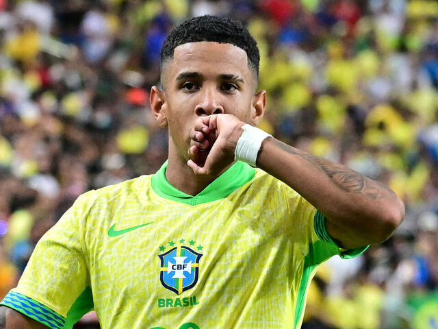 Brazil's forward #20 Savinho celebrates scoring his team's second goal during the Conmebol 2024 Copa America tournament group D football match between Paraguay and Brazil at Allegiant Stadium in Las Vegas, Nevada on June 28, 2024.