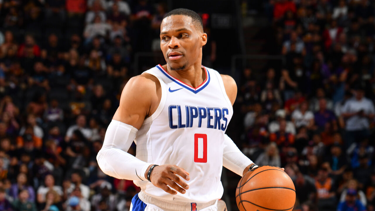 PHOENIX, AZ - APRIL 9: Russell Westbrook #0 of the LA Clippers handles the ball during the game on April 9, 2024 at Footprint Center in Phoenix, Arizona. Mandatory Copyright Notice: Copyright 2024 NBAE
