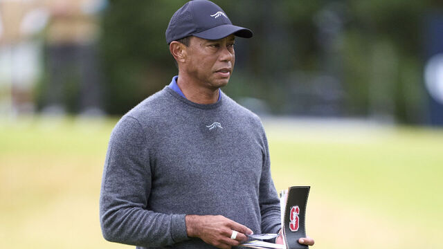 TROON, SCOTLAND - JULY 18: Tiger Woods of United States on the 11th hole on day one of The 152nd Open championship at Royal Troon on July 18, 2024 in Troon, Scotland.