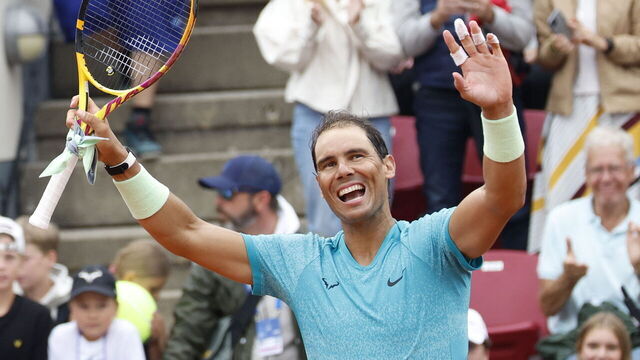 TOPSHOT - Spain's Rafael Nadal celebrates after winning his men's singles match of the ATP Nordea Open tennis tournament against Sweden's Leo Borg, in Bastad, Sweden, on July 16, 2024.