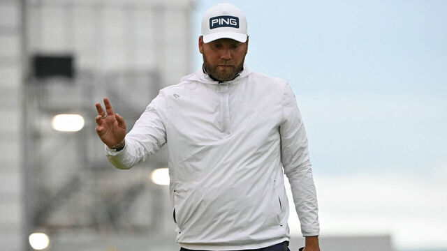 England's Daniel Brown reacts to making a birdie putt on the 16th green on the opening day of the 152nd British Open Golf Championship at Royal Troon on the south west coast of Scotland on July 18, 2024.