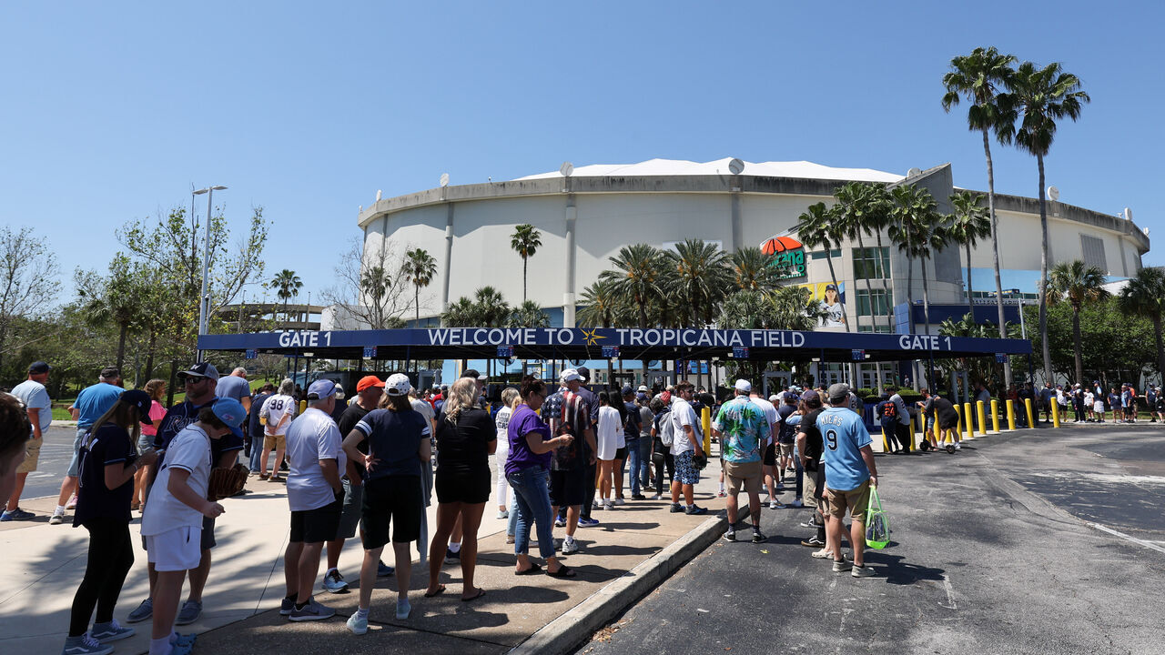 TAMPA, FL - MARCH 30: Fans wait in line outside the stadium prior to the game between the Detroit Tigers and the Tampa Bay Rays at Tropicana Field on Thursday, March 30, 2023 in Tampa, Florida.