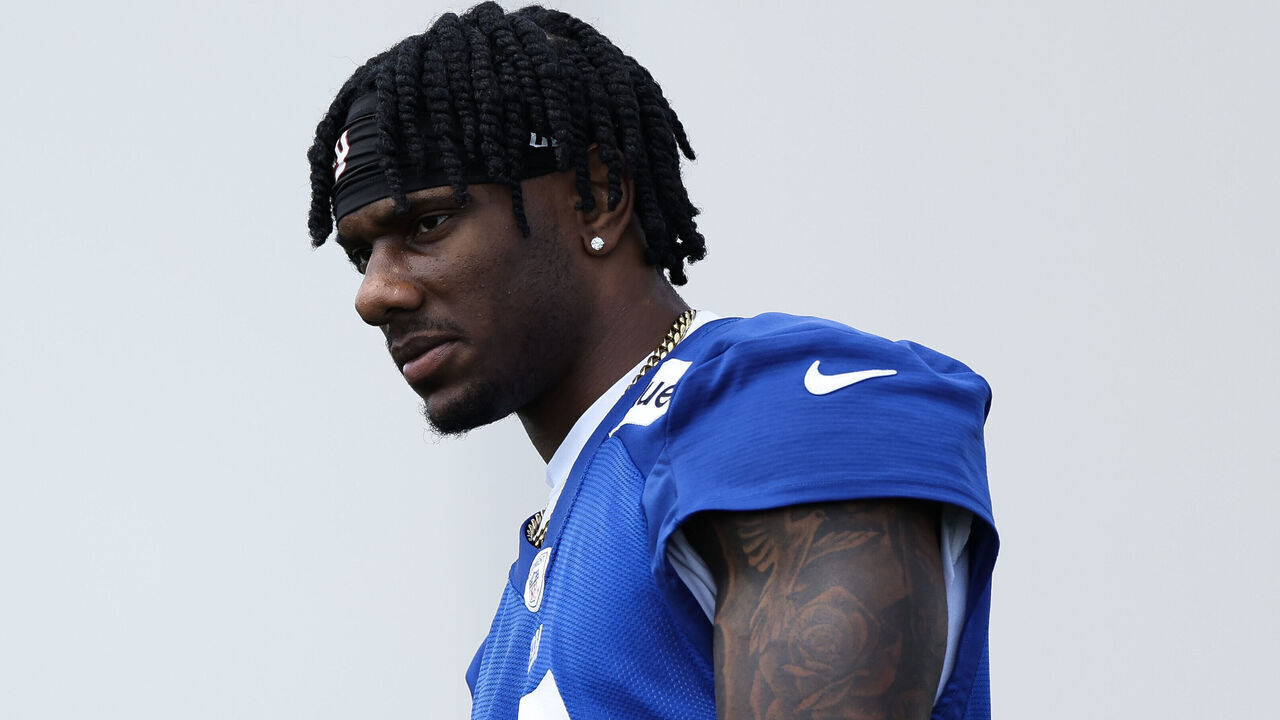 EAST RUTHERFORD, NEW JERSEY - MAY 30: Malik Nabers #9 of the New York Giants looks on during OTA Offseason Workouts at NY Giants Quest Diagnostics Training Center on May 30, 2024 in East Rutherford, New Jersey.