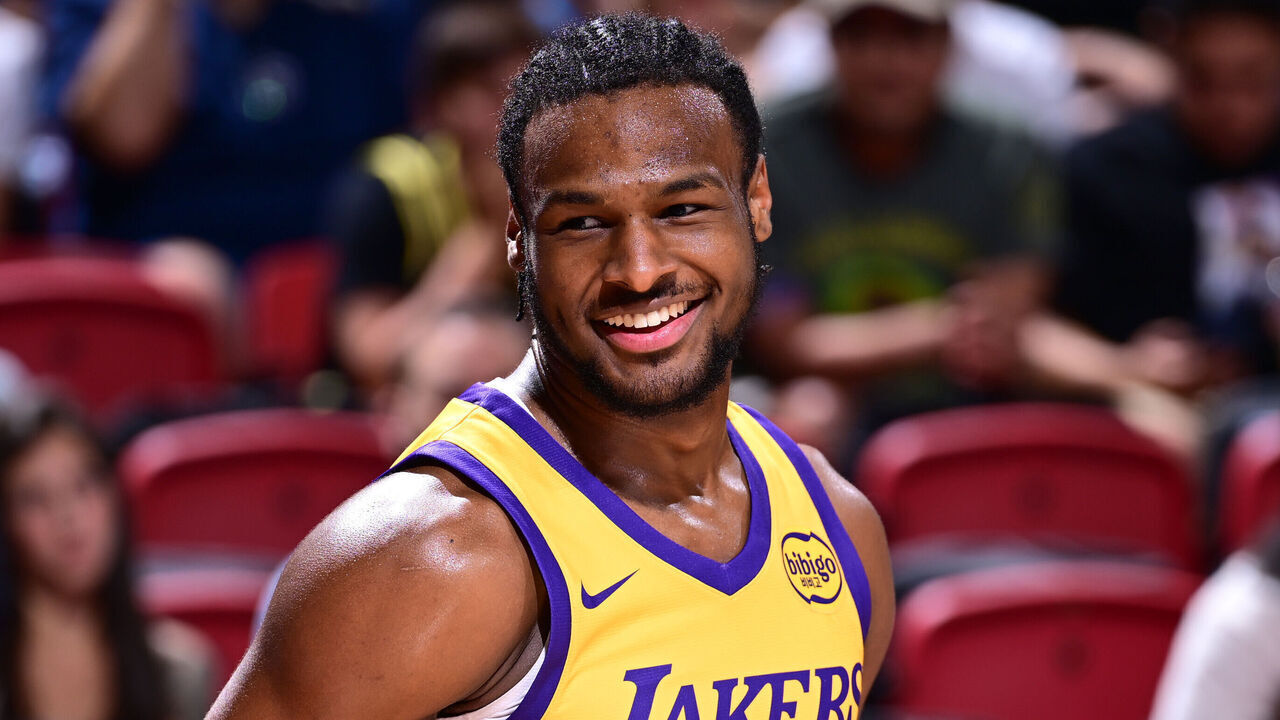 LAS VEGAS, NV - JULY 18: Bronny James Jr. #9 of the Los Angeles Lakers looks on during the game on July 18, 2024 at the Thomas & Mack Center in Las Vegas, Nevada. Mandatory Copyright Notice: Copyright 2024 NBAE