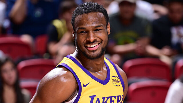 LAS VEGAS, NV - JULY 18: Bronny James Jr. #9 of the Los Angeles Lakers looks on during the game on July 18, 2024 at the Thomas & Mack Center in Las Vegas, Nevada. Mandatory Copyright Notice: Copyright 2024 NBAE