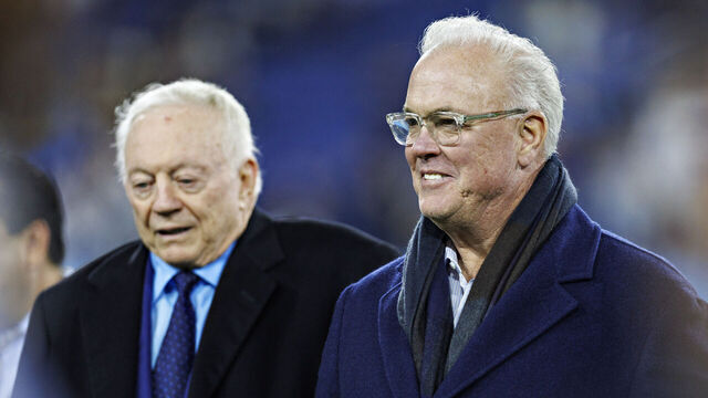 NASHVILLE, TENNESSEE - DECEMBER 29: Dallas Cowboys owner Jerry Jones and son Stephen Jones on the field before a game against the Tennessee Titans at Nissan Stadium on December 29, 2022 in Nashville, Tennessee. The Cowboys defeated the Titans 27-13.