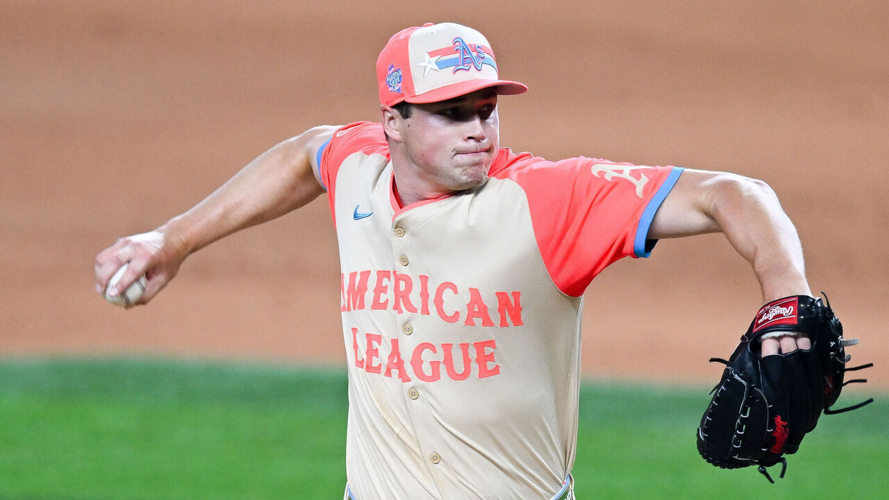 ARLINGTON, TEXAS - JULY 16: Mason Miller #19 of the Oakland Athletics pitches against the National League in the fifth inning during the 94th MLB All-Star Game presented by Mastercard at Globe Life Field on July 16, 2024 in Arlington, Texas.