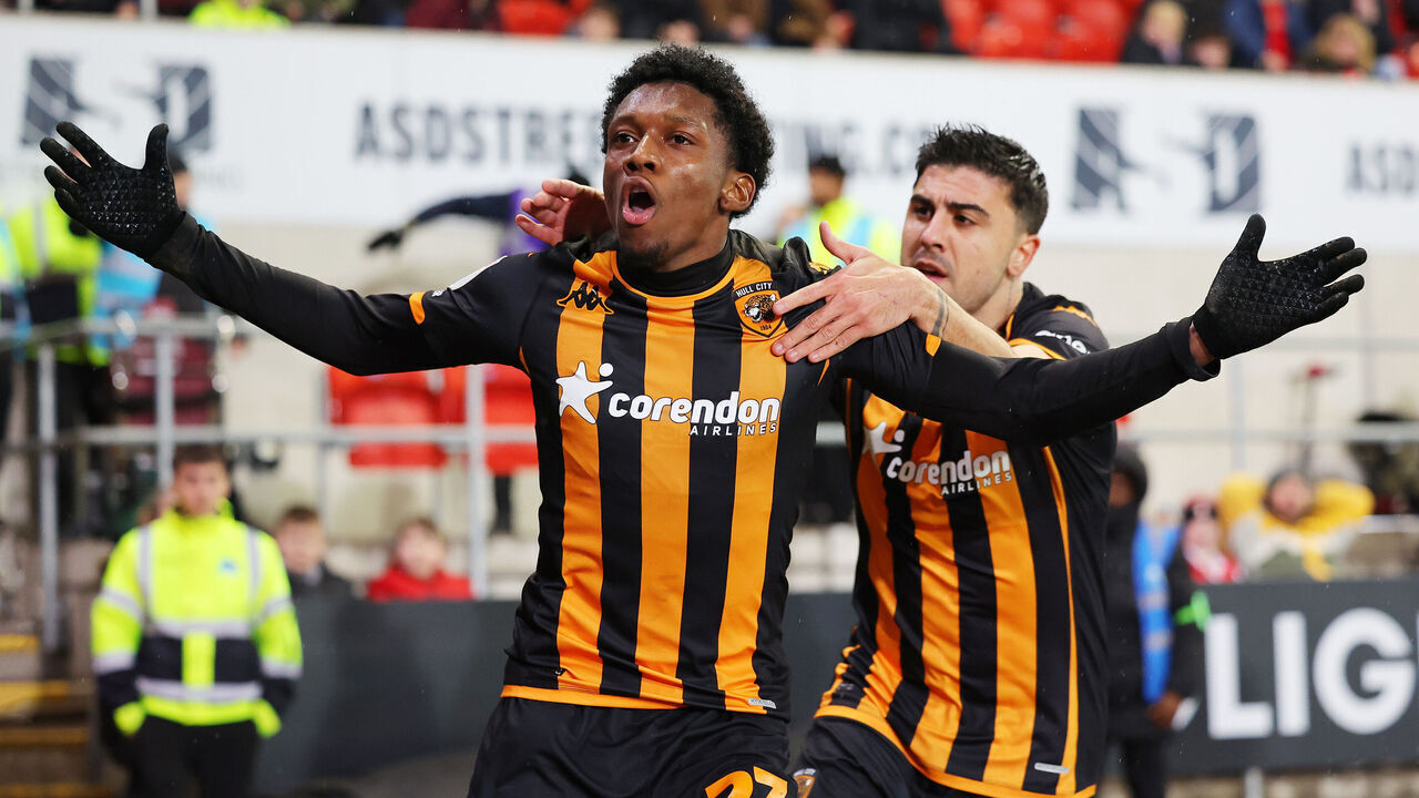 ROTHERHAM, ENGLAND - FEBRUARY 13: Jaden Philogene of Hull City celebrates scoring his team's first goal during the Sky Bet Championship match between Rotherham United and Hull City at AESSEAL New York Stadium on February 13, 2024 in Rotherham, England.