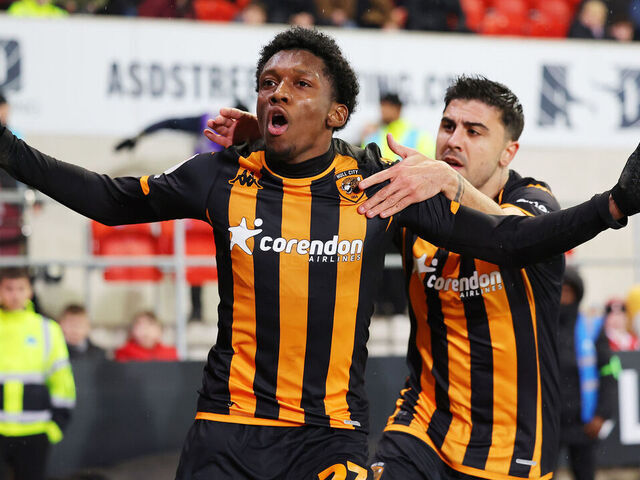 ROTHERHAM, ENGLAND - FEBRUARY 13: Jaden Philogene of Hull City celebrates scoring his team's first goal during the Sky Bet Championship match between Rotherham United and Hull City at AESSEAL New York Stadium on February 13, 2024 in Rotherham, England.