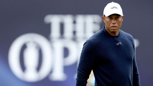 TROON, SCOTLAND - JULY 19: Tiger Woods of the United States reacts on the 18th green during day two of The 152nd Open championship at Royal Troon on July 19, 2024 in Troon, Scotland.