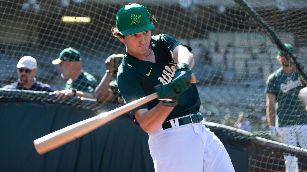 OAKLAND, CA - JULY 17: 2023 first round draft pick Jacob Wilson of the Oakland Athletics takes batting practice before the game against the Boston Red Sox at RingCentral Coliseum on July 17, 2023 in Oakland, California. The Red Sox defeated the Athletics 7-0.