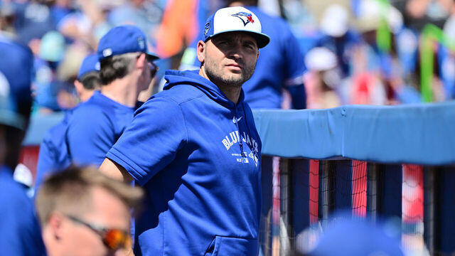 DUNEDIN, FLORIDA - MARCH 19: Joey Votto #37 of the Toronto Blue Jays looks on from the dugout during a 2024 Grapefruit League Spring Training game against the Baltimore Orioles at TD Ballpark on March 19, 2024 in Dunedin, Florida.