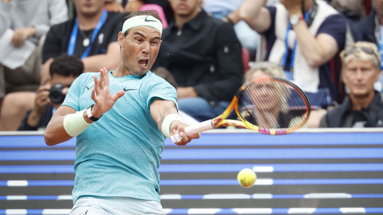 Spain's Rafael Nadal returns the ball to Sweden's Leo Borg during their men's singles match of the ATP Nordea Open tennis tournament in Bastad, Sweden, on July 16, 2024.