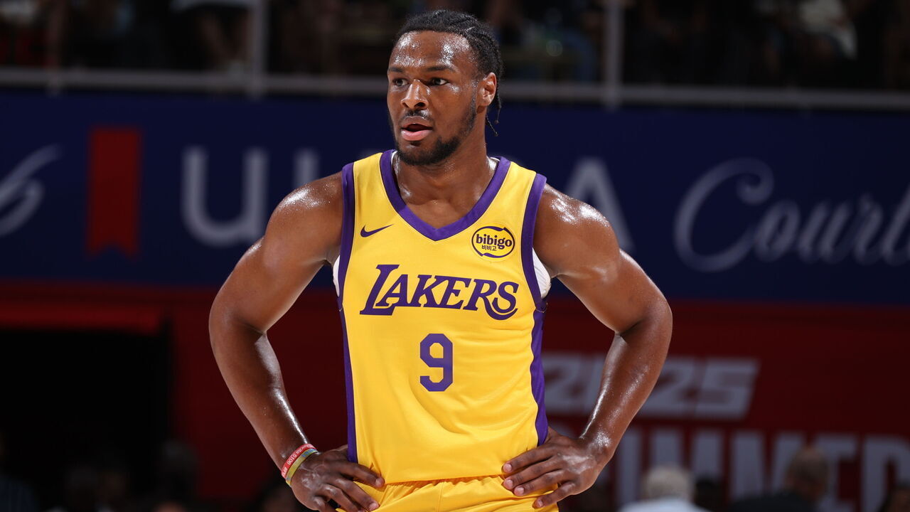 LAS VEGAS, NV - JULY 12: Bronny James Jr. #9 of the Los Angeles Lakers looks on during the game against the Houston Rockets on July 12, 2024 at the Thomas & Mack Center in Las Vegas, Nevada. Mandatory Copyright Notice: Copyright 2024 NBAE