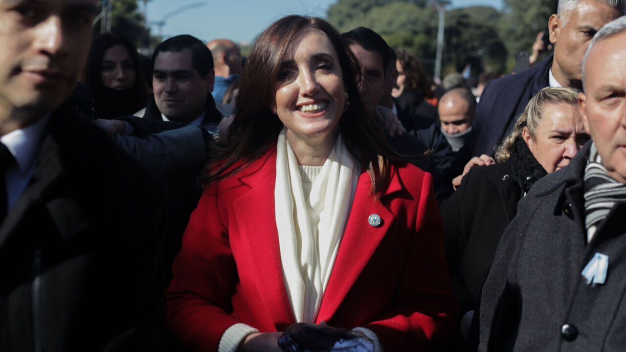 The vice president Victoria Villaruel is walking along Av. Libertador at the end of the military parade for Argentina's Independence Day in Buenos Aires, Argentina, on July 9, 2024.