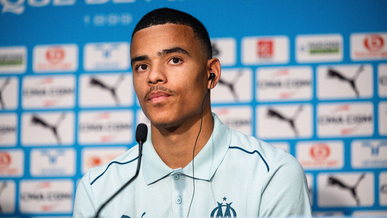 Olympique de Marseille (OM) football club's newly recruited English forward Mason Greenwood addresses media during a press conference at the Commanderie Robert-Louis-Dreyfus training center in Marseille, southern France, on July 19, 2024. The 22-year-old, who has played once for England, was suspended in January 2022 by Manchester United following allegations of attempted rape and sexual assault but prosecutors dropped charges in February 2023.
