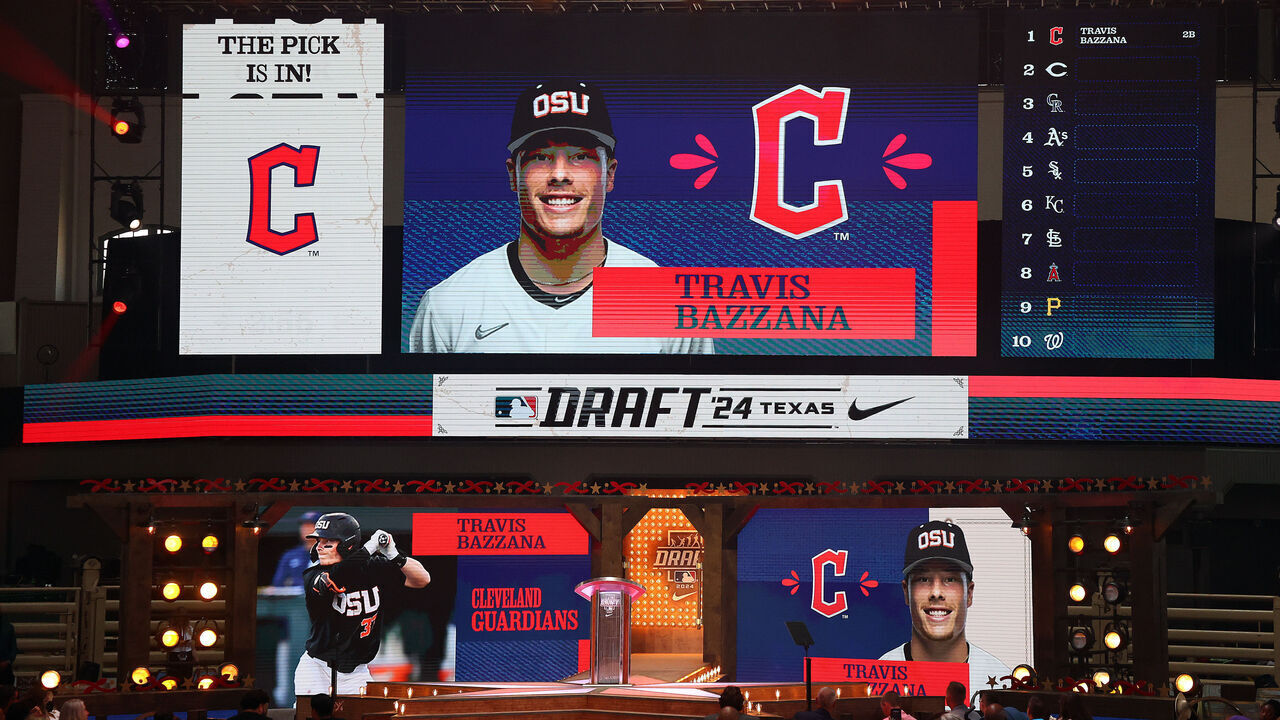FORT WORTH, TEXAS - JULY 14: Travis Bazzana is announced as the first round draft pick for the Cleveland Guardians at the 2024 MLB Draft at Cowtown Coliseum on July 14, 2024 in Fort Worth, Texas.